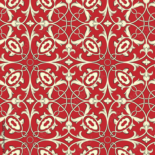 Vector. Seamless floral background in red and gold.