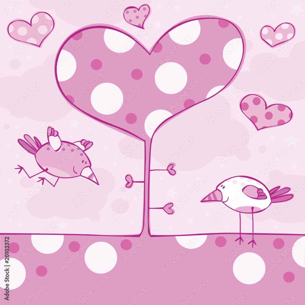Spring pink tree with birdies  and hearts