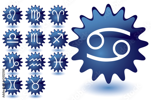 Blue glass suns as zodiac icons, vector illustration