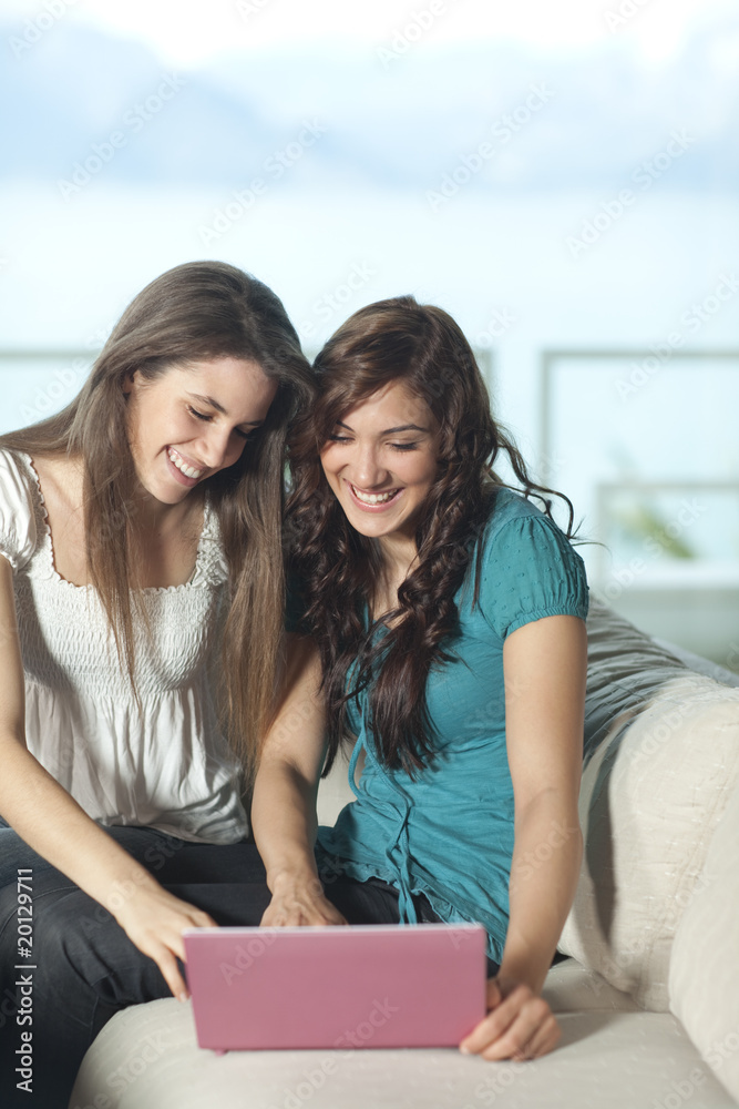 Happy young women with netbook Happy young women with netbook