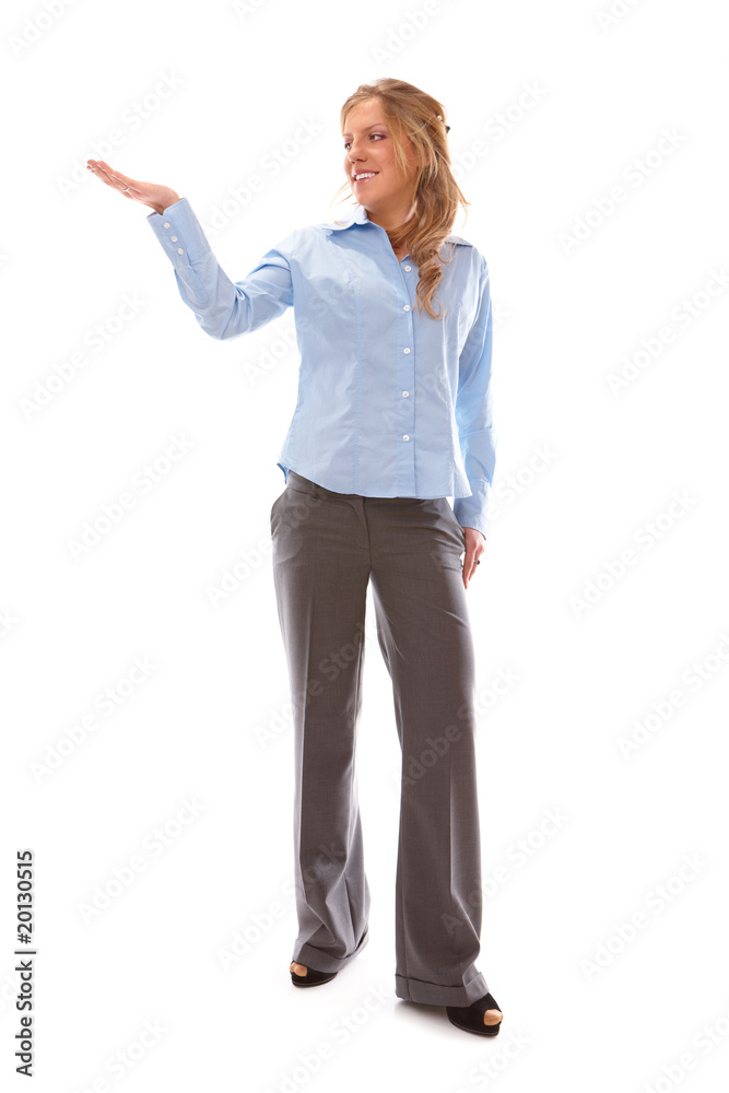 Beautiful woman showing something on the palm of her hand