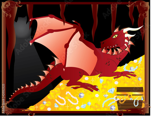 Red dragon in cave guarding treasures