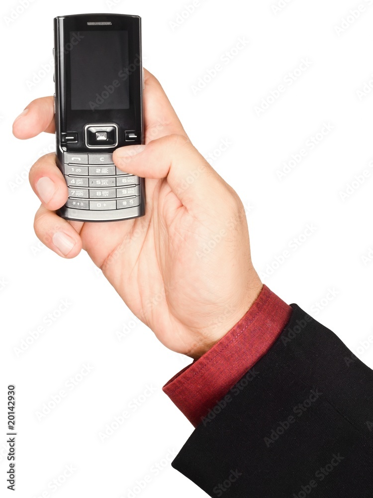Businessman's hand holding a cell phone - isolated on white Businessman's hand holding a cell phone - isolated on white