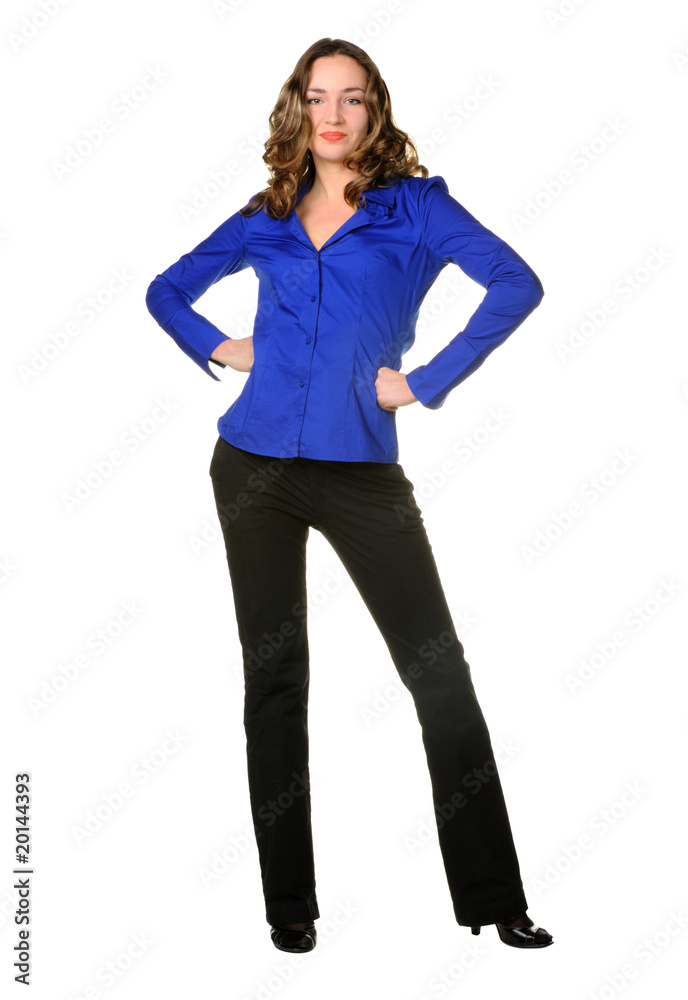 The attractive girl in trousers and dark blue shirt The attractive girl in trousers and dark blue shirt
