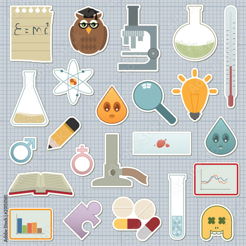Science icon stickers vector clipart chemistry physics biology test tube microscope experiments on graph paper background