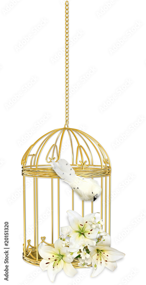 gold cage with flowers and bird