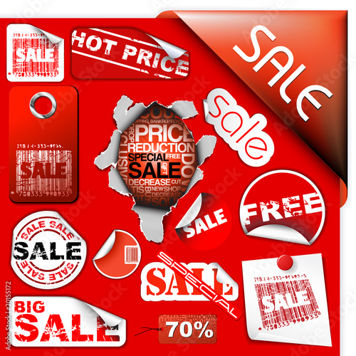 Set of sale tickets, labels, stamps, stickers