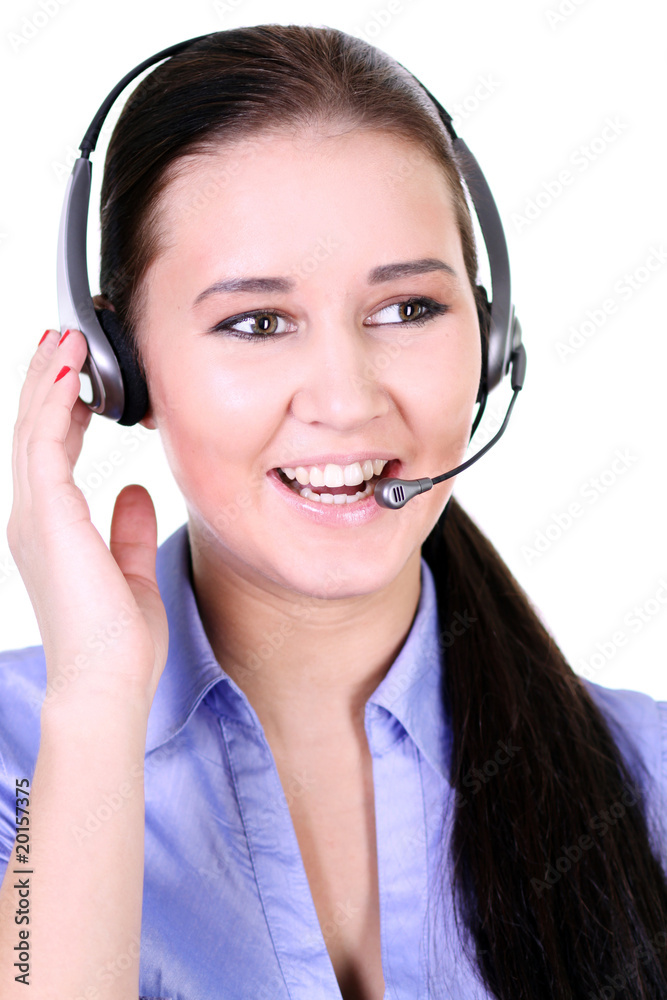 Close-up face of smiling woman in headphones Close-up face of smiling woman in headphones