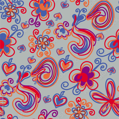 Seamless pattern with bright flowers and imagery objects