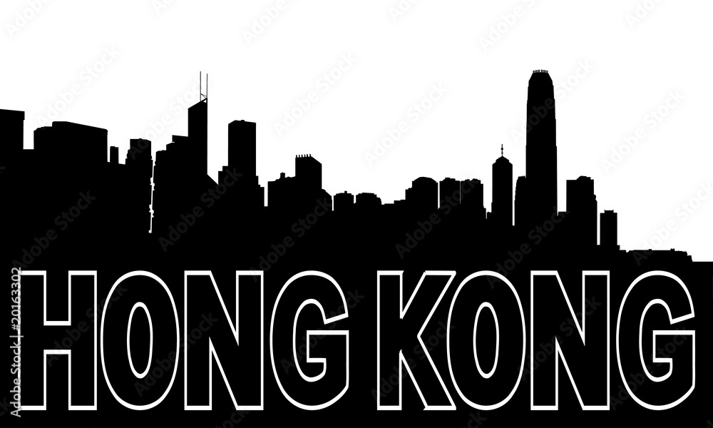 Hong Kong skyline black silhouette on white