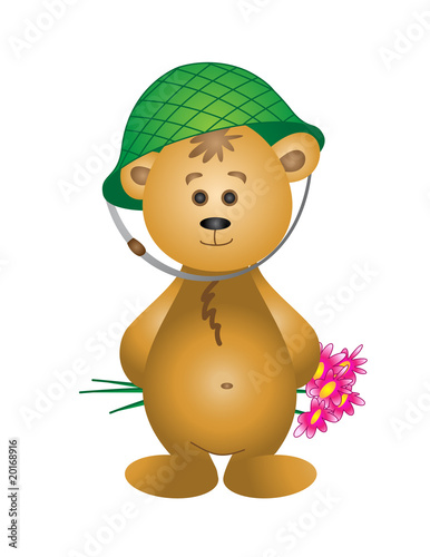 Bear cub in a helmet with a bouquet