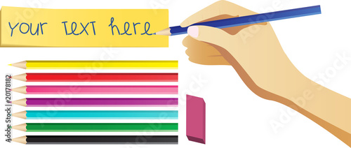 Hand writing on note with set of colored pencils.