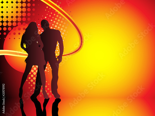Beautiful couple silhouette with grunge summer background.