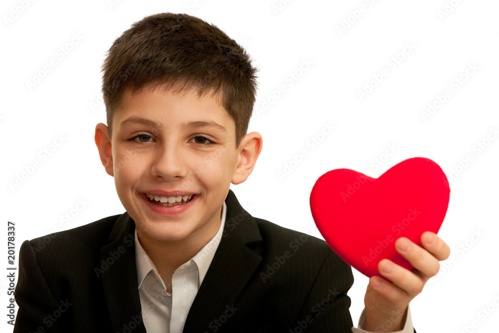 Very happy smiling boy holding red heart Very happy smiling boy holding red heart