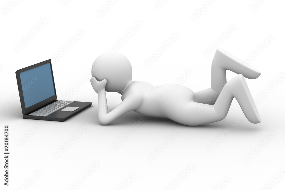 man look in computer on white background. Isolated 3D image man look in computer on white background. Isolated 3D image