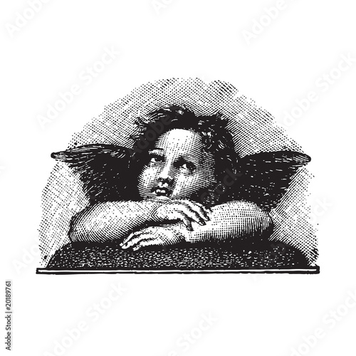 Raphael's Sistine Madonna Love Cherub, vectorized engraving