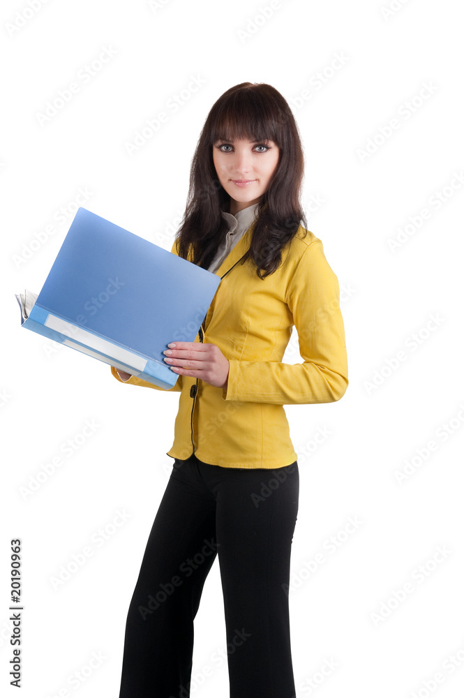 Young woman in yellow suit with the office folder. Young woman in yellow suit with the office folder.