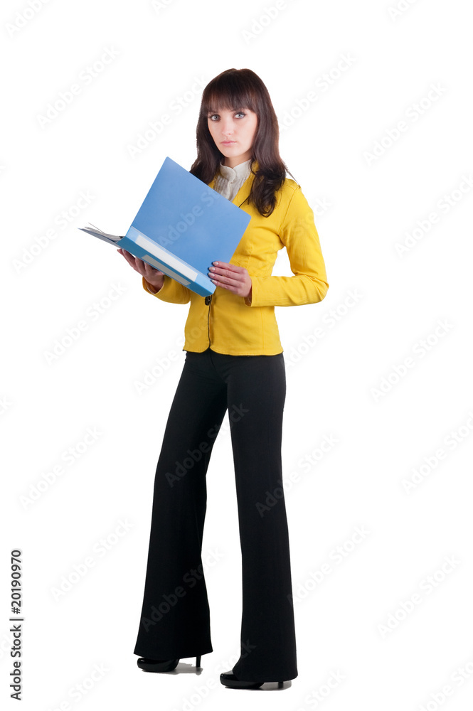 Young woman in yellow suit with the office folder. Young woman in yellow suit with the office folder.