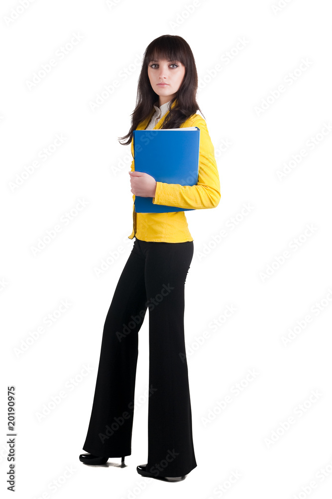 Young woman in yellow suit with the office folder. Young woman in yellow suit with the office folder.