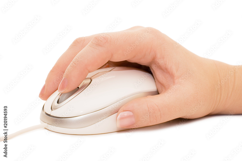 Hand with a computer mouse isolated on white Hand with a computer mouse isolated on white
