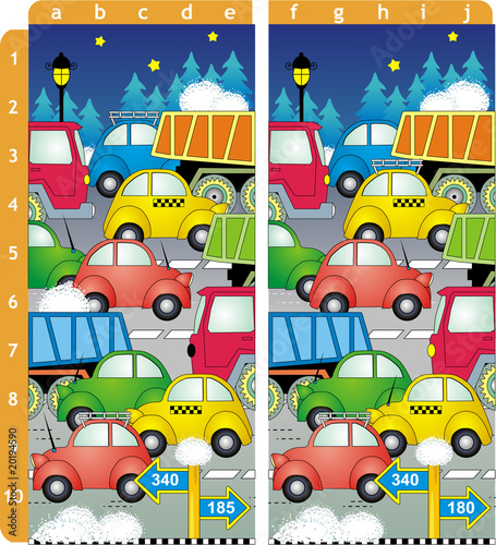 Find ten differences puzzle - cars and trucks on the road