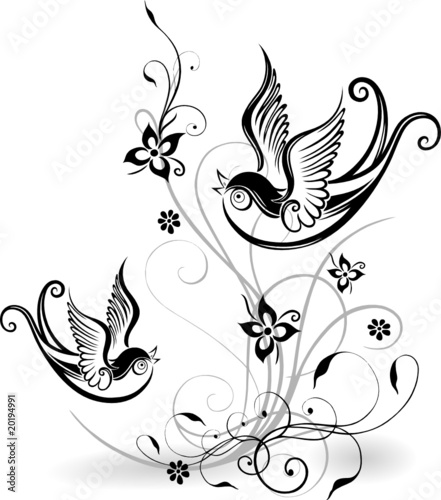 Schwalbe, Frühling, swallow, Blumen, Blüten, Ranke, floral