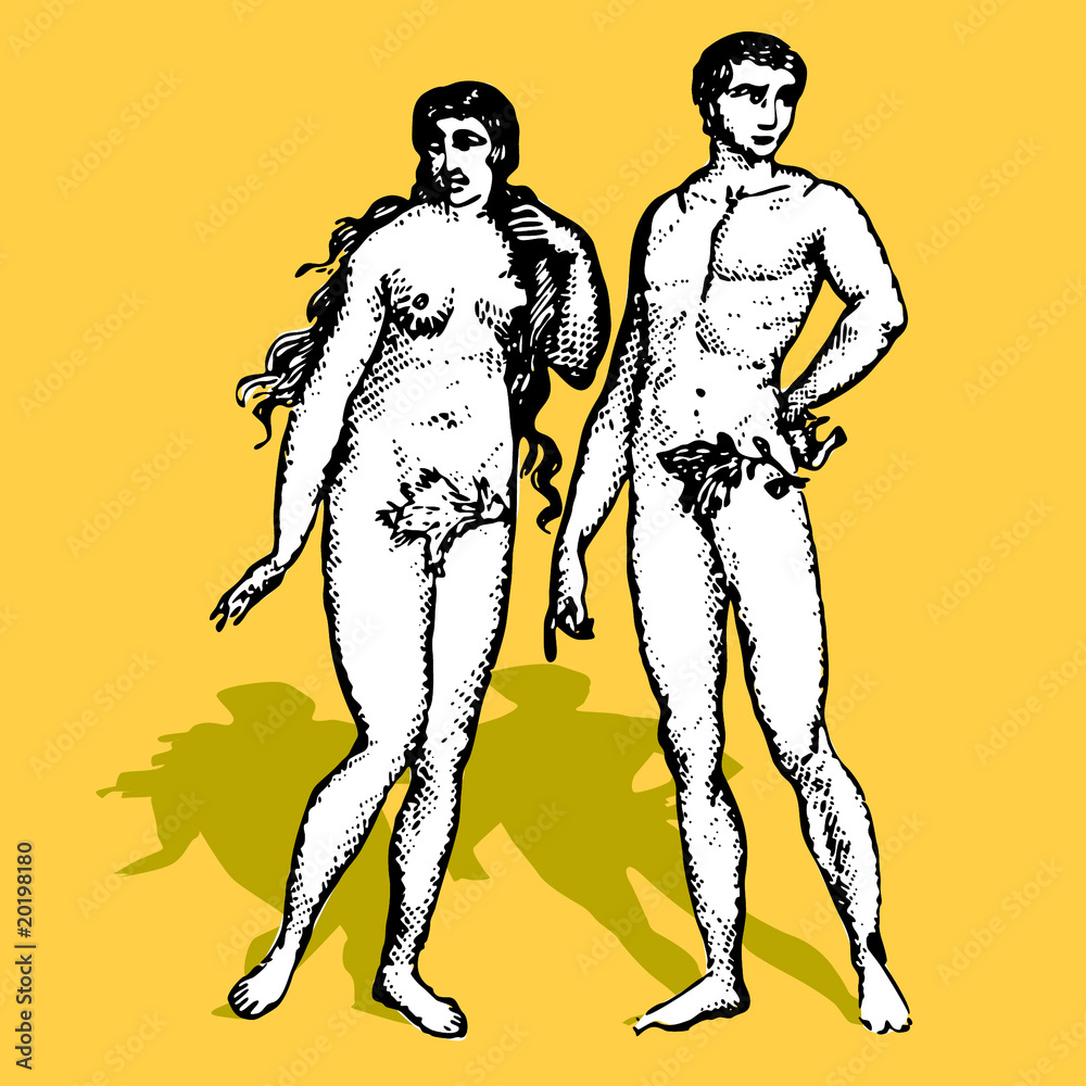 Adam and Eva cartoon vector illustration retro God creation