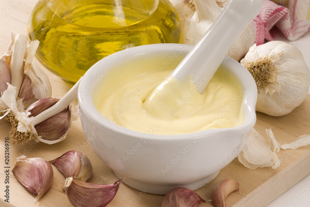 Spanish cuisine. Garlic mayonnaise sauce. Stock Photo Adobe Stock