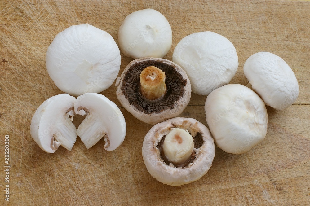 Sliced button mushrooms (white mushrooms, Agaricus bisporus) Sliced button mushrooms (white mushrooms, Agaricus bisporus)