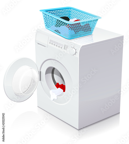 Lave-linge ouvert avec un panier à linge (reflet)