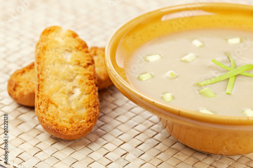 Cream of mushroom soup and bread croutons