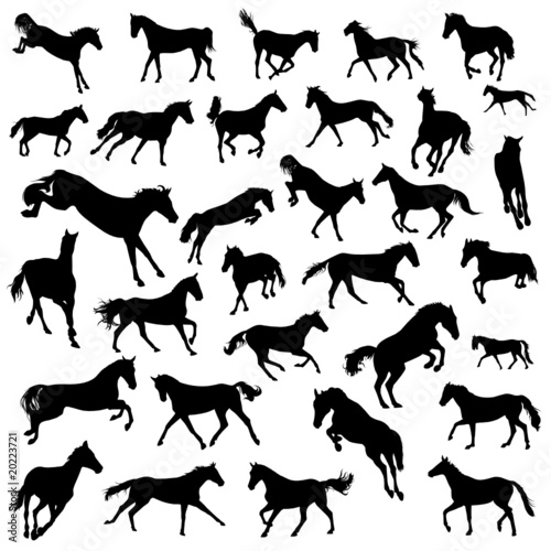 Collection of silhouettes of galloping horses. 32 horses.