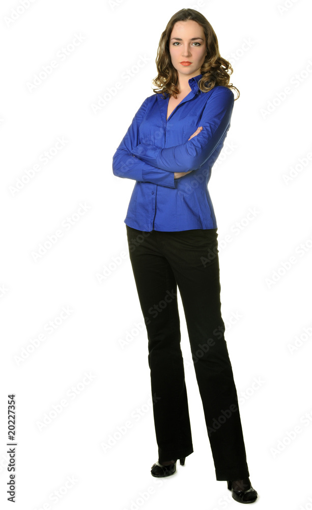 The attractive girl in trousers and dark blue shirt The attractive girl in trousers and dark blue shirt