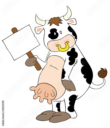 Funny dairy cow with white placard.