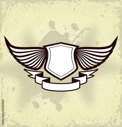 Grunge shield with wings and ribbon