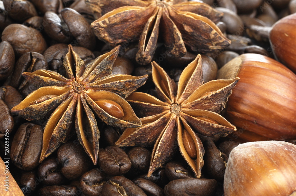coffee beans, aniseed and nuts coffee beans, aniseed and nuts