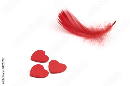 red hearts and feather isolated on white background
