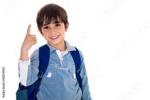 Young school boy with finger up