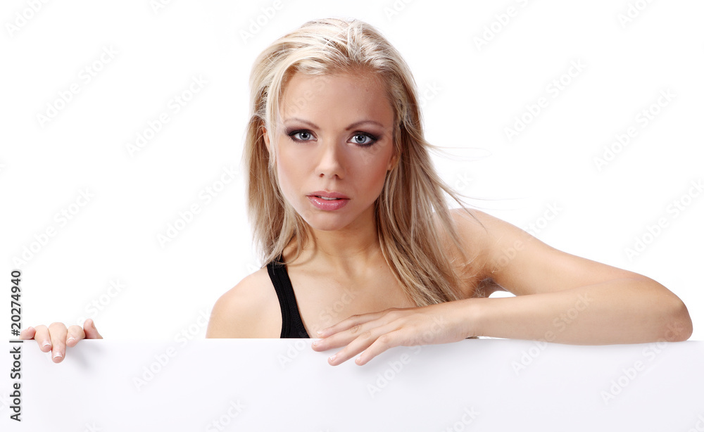 sexy girl holding a billboard isolated over a white background sexy girl holding a billboard isolated over a white background