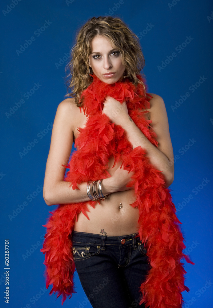Pretty Young Woman With Red Feather Boa