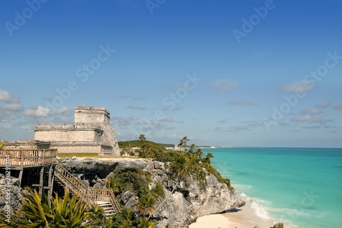 Blue turquoise Caribbean mayan ruins Tulum