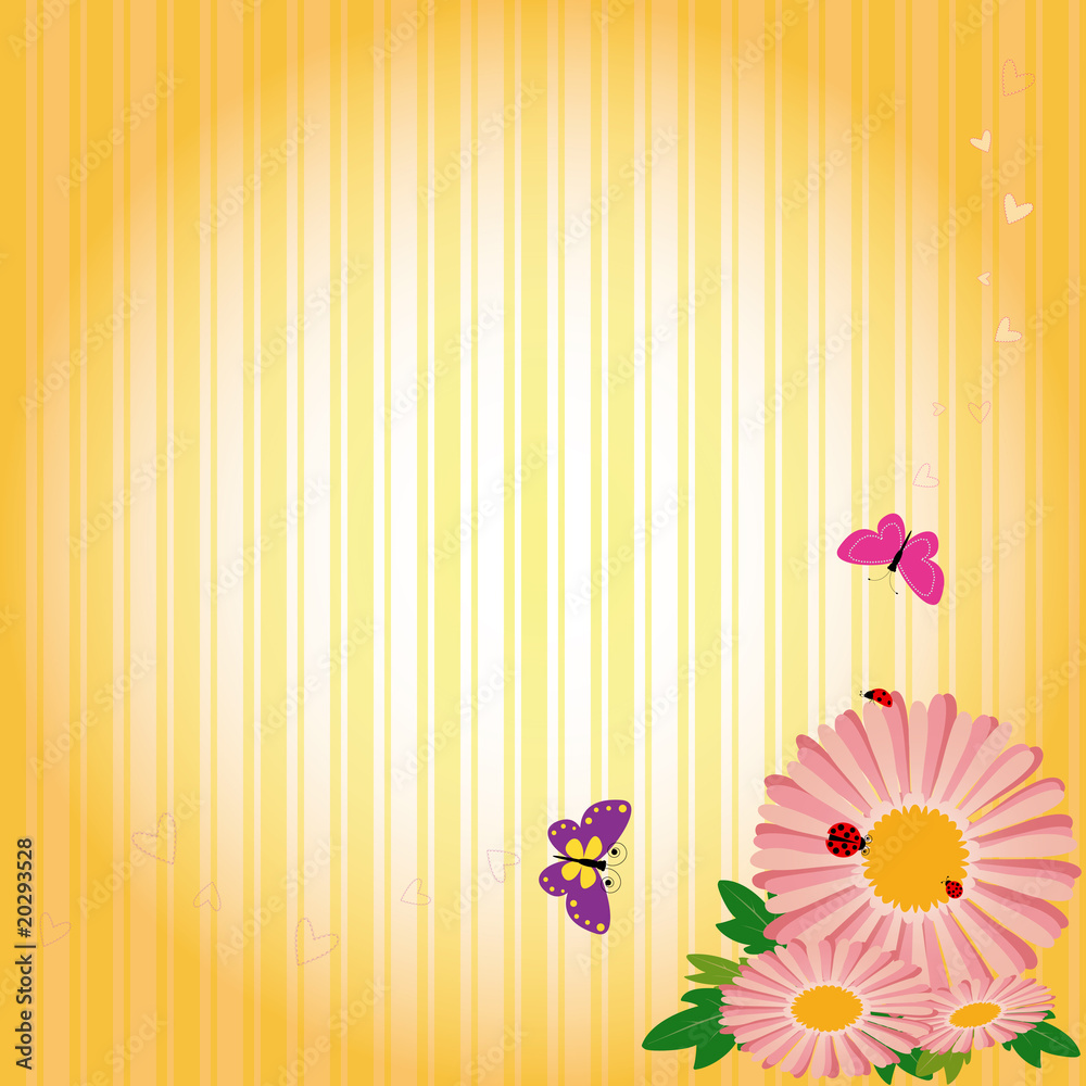 Springtime flowers & butterflies on yellow stripe background