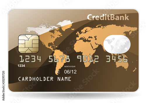 Credit card with world map, chip, embossed digits and hologram.