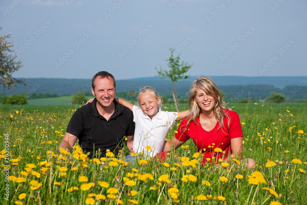 Familie auf Wiese im Frühling