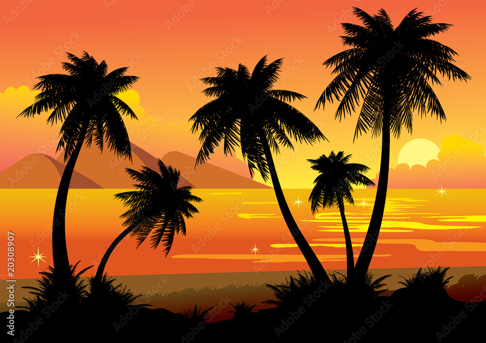 Silhouettes of palms on a sea background.