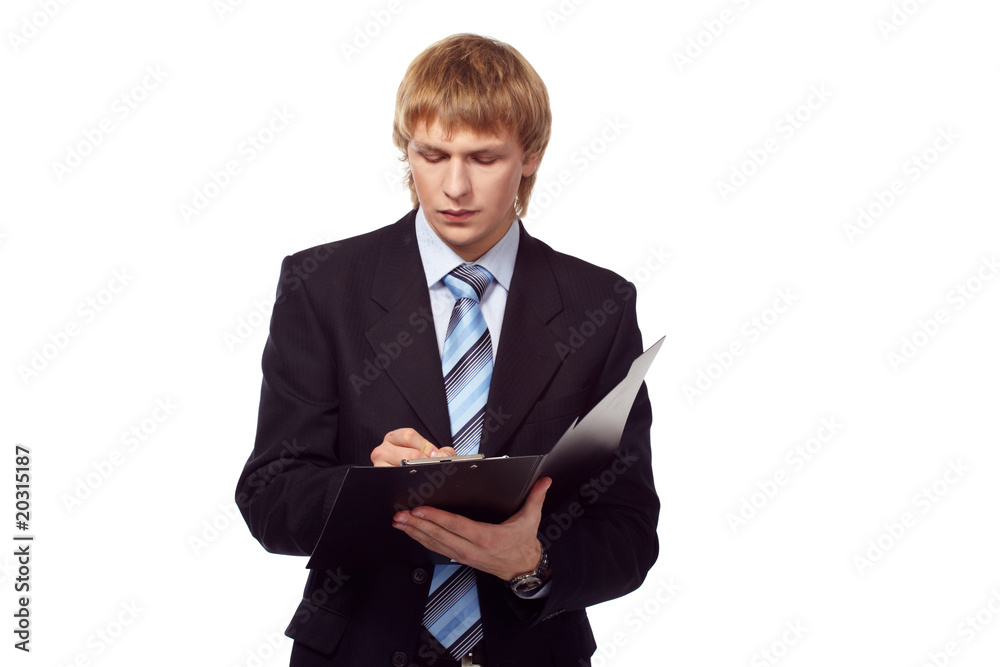 Portrait of young businessman with black folder Portrait of young businessman with black folder