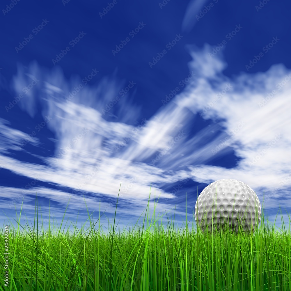 High resolution 3d white golf ball in green grass background High resolution 3d white golf ball in green grass background