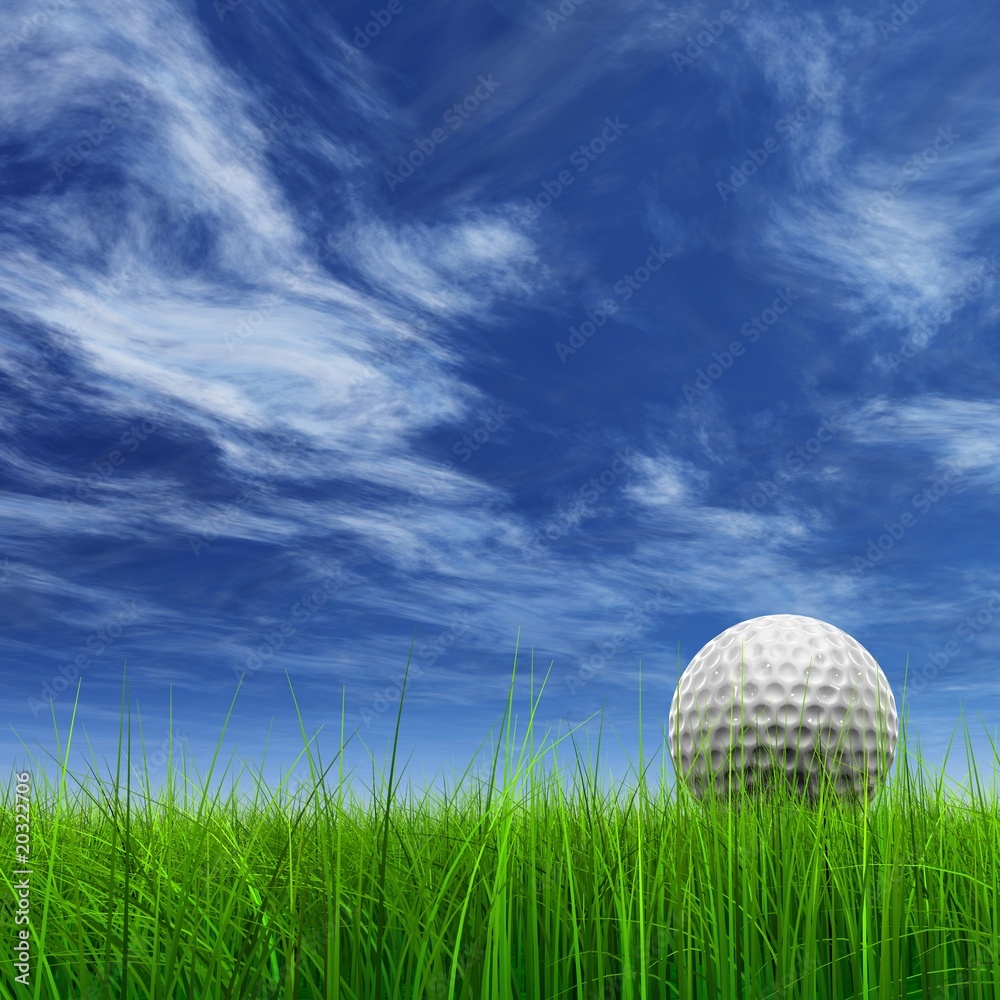 High resolution 3d white golf ball in green grass background High resolution 3d white golf ball in green grass background