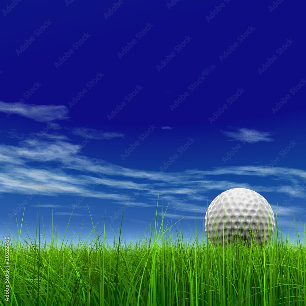 High resolution 3d white golf ball in green grass background High resolution 3d white golf ball in green grass background