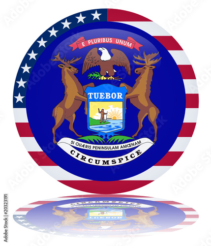 Michigan State Round Flag Button (USA America Vector Reflection)